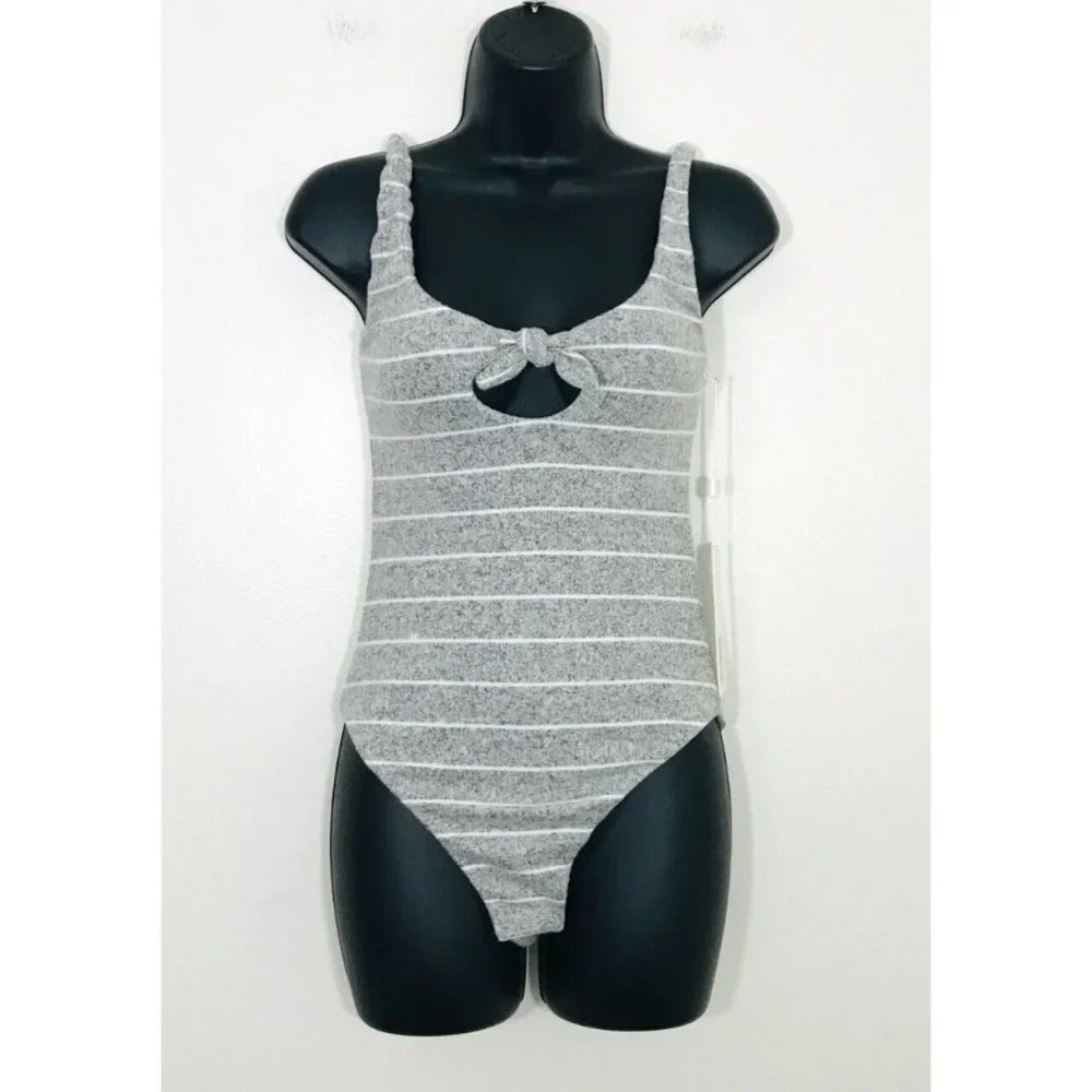 BEACH BUNNY Swimwear Peyton Bodysuit Grey Cheeky Bow Keyhole, S NWT - Picture 4 of 12